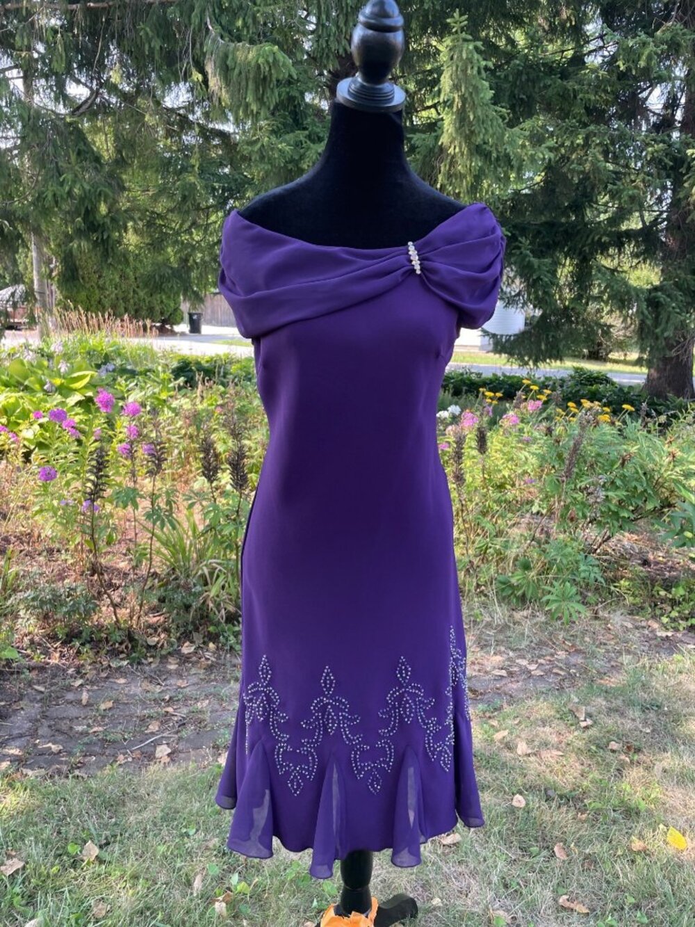 Vtg 90s SL Fashions Off Shoulder Purple Dress Rhinestone Flounce Hem 10 Unique